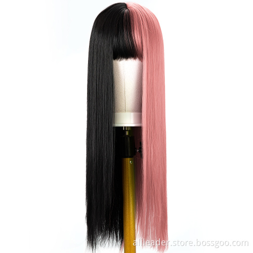 Half Black Half Grey Straight Wig For Girls
